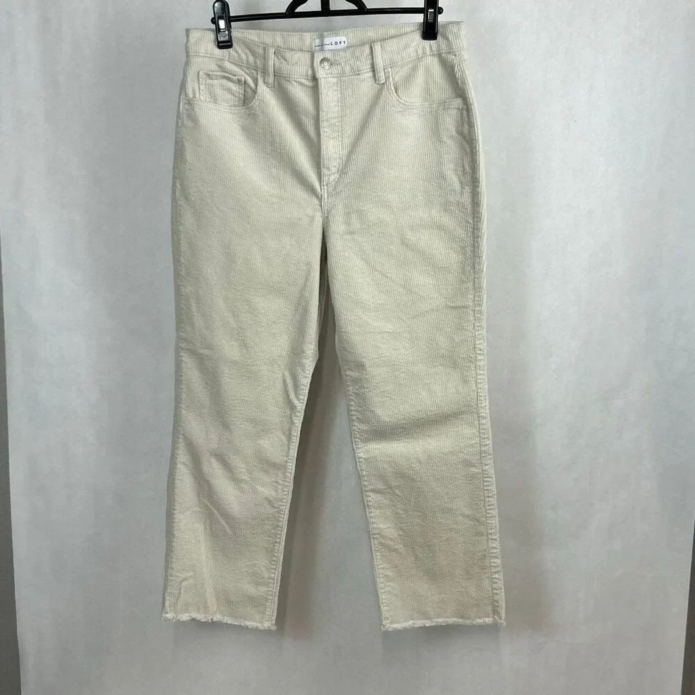 Loft Corduroy Trousers Pants Sz 12 / 31 Cream Raw Hem High Rise Straight 25.5” I